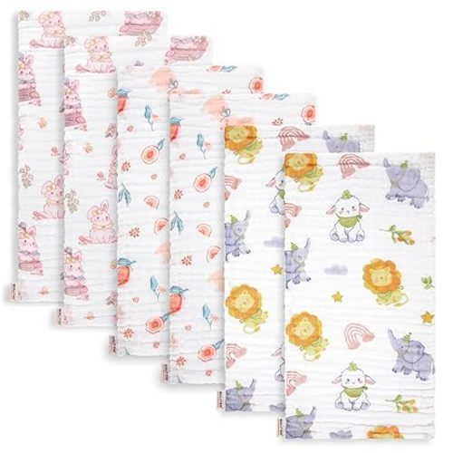 Maliton Muslin Burp Cloths for Baby Girl 6 Pack Large 20''x10'' 100% Cotton Burp Rags Absorbent and Soft 6 Layers Muslin Cloth Baby Boy Newborn Essentials Must Haves (Rabbit & Fruit)