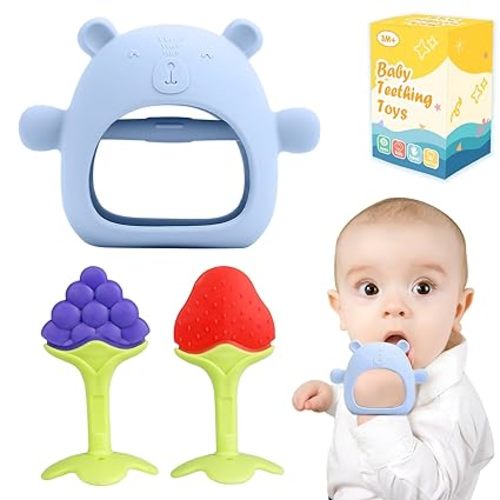 Baby Teething Toys, 3 PCS Teethers Set for 0-6, 3-6 Months & 6-12 Months, Baby Essentials, Infant Toys, Baby Chew Toys Set Food Grade Silicone, Bear Shape Teething Toy Fruit Shape Teether Set - Blue Bear & Fruit