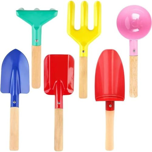 Beach Toys for Kids, 6 Pcs 8'' Kids Gardening Tools Sand Toys Set, Metal Garden Tools with Sturdy Wooden Handle, Cylinder, Spoon, Fork, Rake, Flat & Pointed Shovel, Gifts for Children