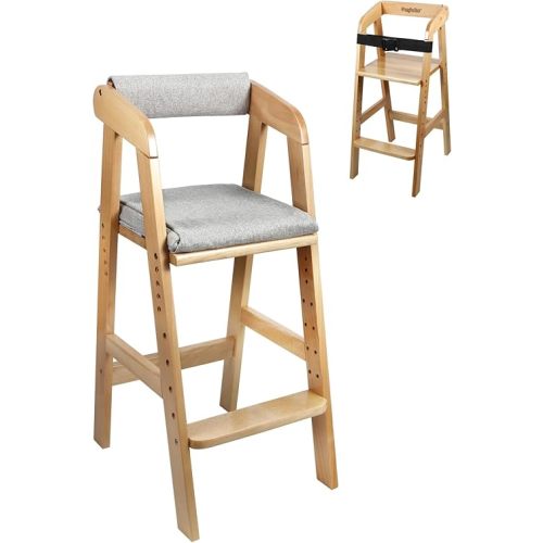 PandaEar Wooden High Chair for Toddlers, Adjustable Child Highchair Feeding Chair with Removable Cushion & Steps for Kids Dining, Eating, Studyin (Natural)