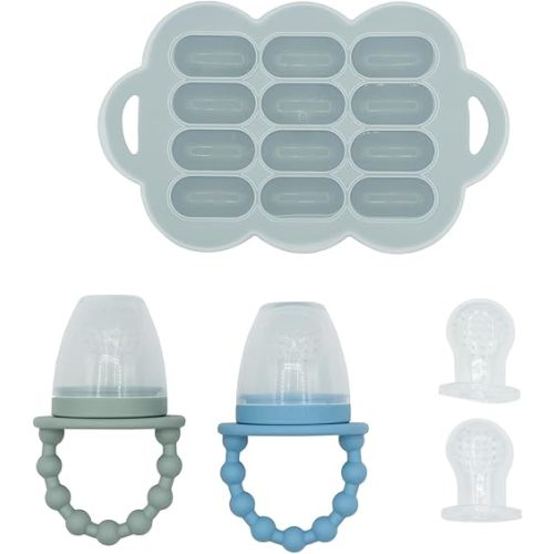 WeeSprout Silicone Baby Food Feeders + Freezer Tray for Batch Prep, Set of 2, Introduce New Foods Safely, Double as Teething Toys, Includes 2 Extra Pouches & Travel Lids, Dishwasher Safe