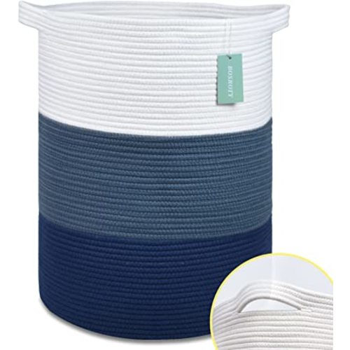Large Blanket Basket, Tall Laundry Basket 72L, Nursery Hamper, Laundry Hamper, Clothes Basket Laundry, Large Storage Basket, Rope Basket, Toy Basket, 16”x 22”, White & Cadet Blue & Navy Blue