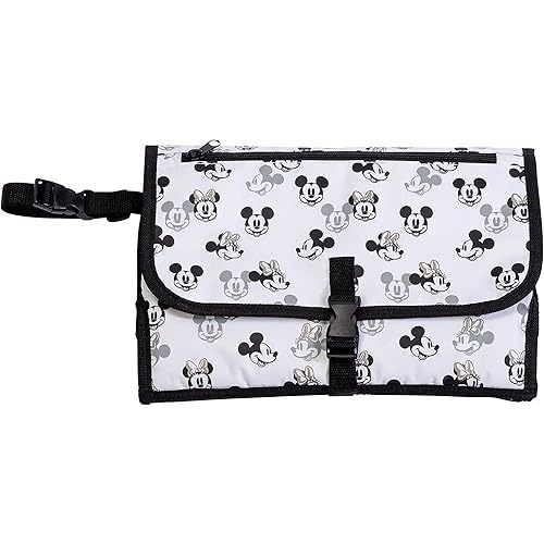 Disney Baby by J.L. Childress Portable Diaper Changing Station for Baby - Includes Wipes Case, Storage Pockets - Disney World Travel Essential - Travel Diaper Changing Kit - Mickey Minnie Ivory