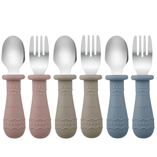 PandaEar Toddler Utensils, 6 Pack Kids Spoons and Forks, 18/8 Stainless Steel & Food Grade Silicone Children Silverware Set, Dishwasher Safe (Blue/Brown/Red)