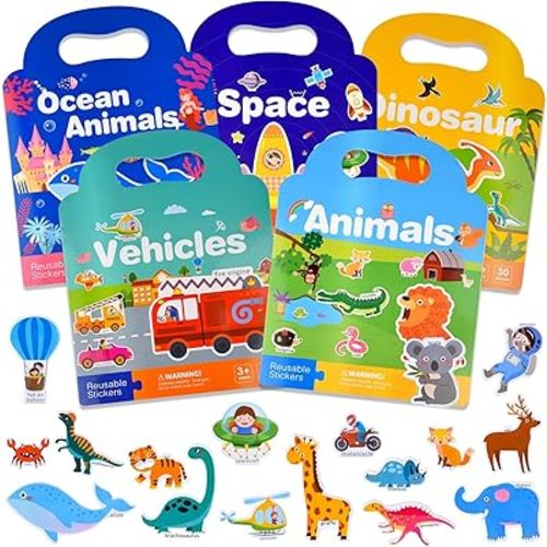 ASTARON 5 Pack Reusable Sticker Books for Toddlers, 3D Stickers Road Trip Activities Car Airplane Activities Travel Toys for Kids, Kids Quiet Time Activities (2-6 Age)