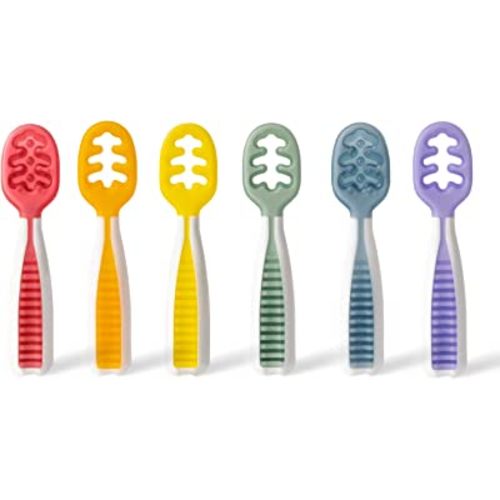 NumNum Baby Spoons Set, Pre-Spoon GOOtensils for Kids Aged 6+ Months - First Stage, Baby Led Weaning (BLW) Teething Spoon - Self Feeding, Silicone Toddler Food Utensils - 6 Spoons, Rainbow