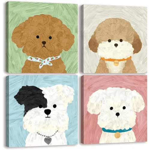 Generic Puppy Wall Art, Cute Cartoon Dog Painting, Framed Animal Themed Print Canvas Picture Artwork Poster Nursery Decor for Kid's Room,12""X12""x4pcs