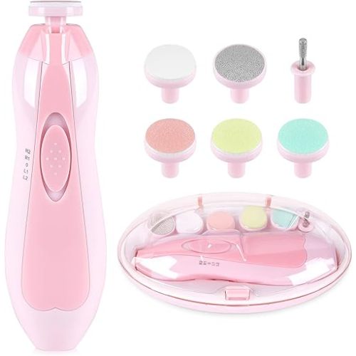 Baby Nail Clippers Baby Safe Electric Trimmer Nail File Kit for Newborn Infant Toddler Kids Toes and Fingernails - Care, Polish and Trim - 6 Grinding Heads and LED Light, Pink