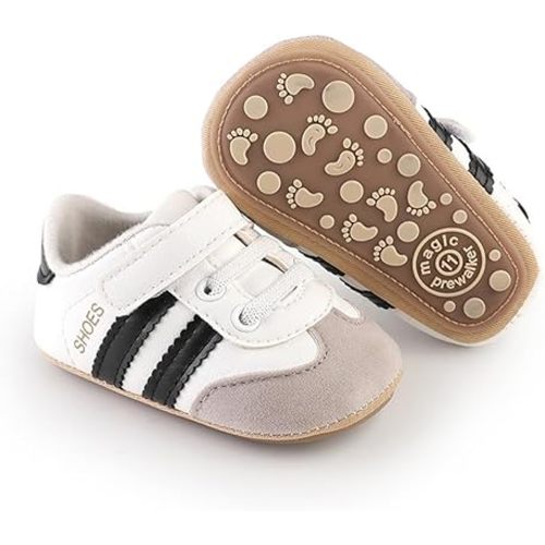 Newbron Baby Boys Girls Retro Sneakers Pu Leather Rubber Sole Walking Shoes Toddler Non-Slip First Walkers Infant Slippers Crib Shoes