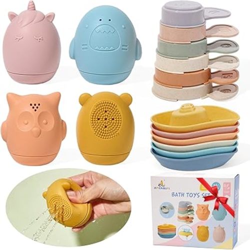Baby Bath Toys 9PCS Mold Free Bath Toys for Babies 6-12 Months Bathtub Water Toys with Easy Clean Silicone Bath Toy for Kids Ages 1-3 Safe Bath Boats, Baby Shower Birthday Gifts for Babies & Infant