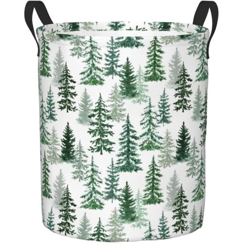 Delerain Pine and Spruce Trees Laundry Basket, Waterproof Laundry Hamper with Handles, Collapsible Toy Bins Dirty Clothes Round Storage Basket for Home Bathroom Office Nursery, 19.6X15.7(M)