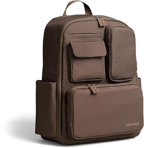Itzy Ritzy Utility Diaper Bag Backpack, 17 Pockets w/Changing Pad (Mocha) | Travel-Ready Diaper Backpack with 2 Insulated Bottle Holders, Laptop Compartment, Trolley Sleeve, Straps, and Changing Pad