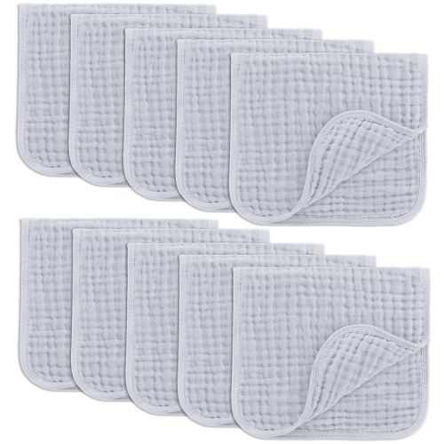 Comfy Cubs Muslin Burp Cloths 20" x 10", Pack of 10 - Large, 6-Layer, Ultra Absorbent 100% Cotton for Baby Drool and Messes - Soft, Safe & Gentle Baby Burp Cloths for Boys & Girls - Slate
