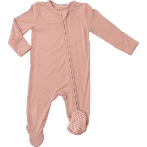 Peach Beige Solid 2-Way Zipper Ruffle Back Footie, Peach
