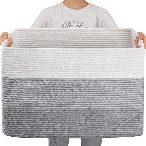 OIAHOMY 108L Super Large Blanket Basket, 25”x16”x16”(108L) Rectangle Woven Baskets for Storage, Cotton Rope Basket For Living Room, Toy Storage with Handle - Gradient Grey