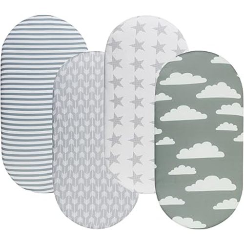 Bassinet Sheets for Baby Boy and Girl, Stretchy Breathable Fitted Sheet Universal for Bassinet Cradle Hourglass Oval Rectangle Pad/Mattress, 4 Pack Stripe Star Cloud and Arrow Printing