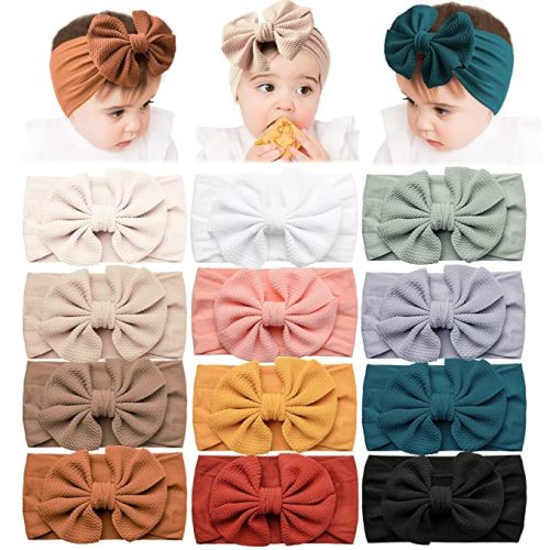 Prohouse Baby Headbands With Big Waffle Bows Nylon Hairbands Handmade Hair Accessories for Baby Girls Newborn Infant Toddlers Kids, Pack of 12 - Croal