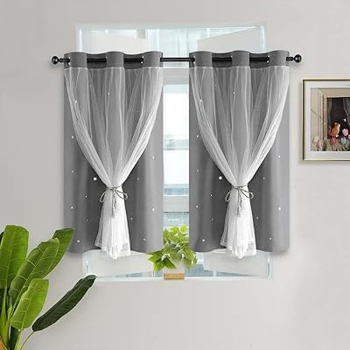 Kinryb Grey Star Cut-Out Blackout Curtains Kids Curtain Mix and Match Curtain for Nursery Grommet Top Small Curtains Thermal Insulated Drape for Bedroom 42" W x 45" L Grey 2 Panels 2 Tiebacks