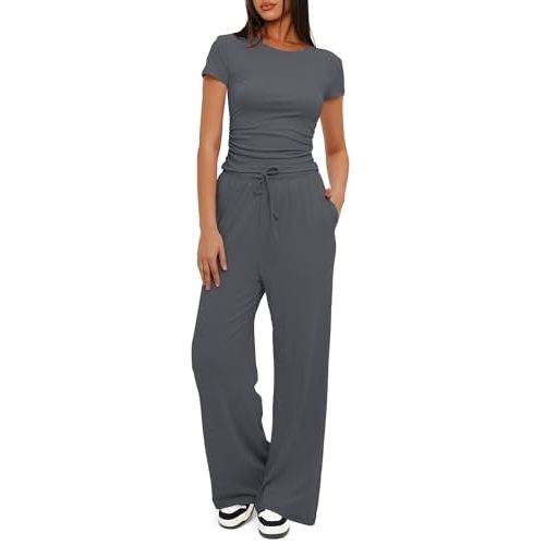 Darong Women's 2 Piece Outfits Lounge Sets Ruched Short Sleeve Tops High Waisted Wide Leg Pants Tracksuit Sets