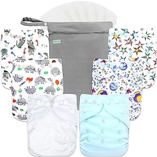 wegreeco Cloth Diapers 6 Pack with 6 Inserts & 1 Wet Bag, Washable Cloth Diapers for Babies, One Size Adjustable Reusable Diapers Baby (Fantastic World)
