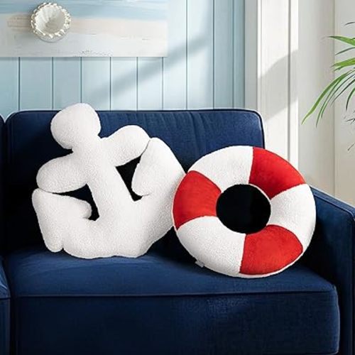 AELS 3D Anchor & Lifebuoy Nautical Throw Pillows, 19.6"& 15.7" Set of 2, Coastal Decor for Beach Enthusiasts Beach House, Ideal for Sofa Couch Living Room Bedroom and Nursery, Red and White