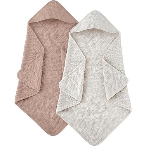 Susurration Hooded Baby Towels for Newborn 2 Pack 100% Muslin Cotton Towel for Babies，Highly Absorbent and Newborn Essential 30x30 Inch Beige&Sand