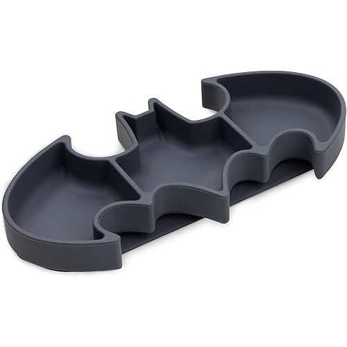 Bumkins Toddler and Baby Suction Plate, Silicone Grip Dish, Babies and Kids, Baby Led Weaning, Children Feeding Supplies, Non Skid Sticky Bottom, Platinum Silicone, Ages 6 Months Up, Batman Gray