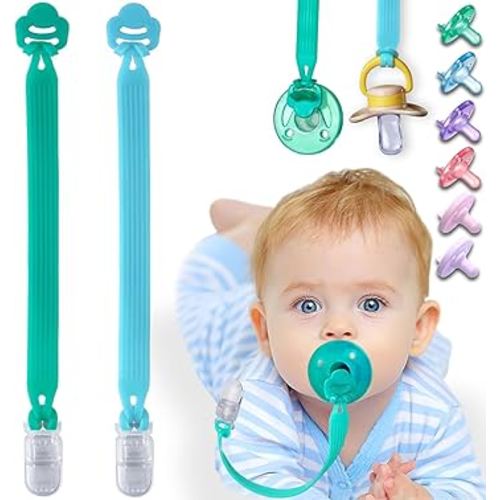 Silicone Pacifier Clip with Adapter Ring for Philips Avent Soothie, 2 Pack One-Piece Soft Binky Clips Holder for Baby Boys Girls, Anti-Loss Paci Clips for Baby Shower Newborn Essentials