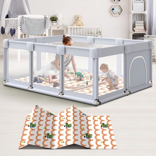 Baby Playpen 74"x50" Play Pens for Babies and Toddlers, Large Play Yards for Indoor & Outdoor with Zipper Gates, Breathable Mesh with Mat（Gray - Dark Grey - 74IN*50IN + MAT