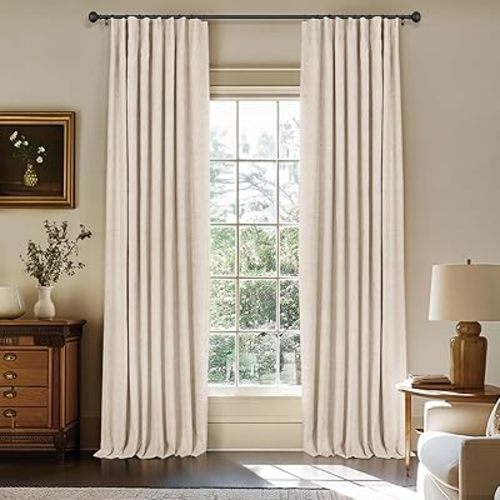 INOVADAY 100% Blackout Curtains for Bedroom, Black Out Curtains 84 Inch Long, Clip Rings Linen Blackout Drapes, Thermal Insulated Room Darkening for Living Room, 2 Panels - Oatmeal,W50xL84