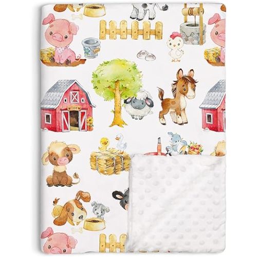 Farm Animals Barn Baby Blanket for Boys Girls, Farm Themed Toddler Soft Minky Blanket with Double Layer Dotted Backing, Newborn Nursery Receiving Baby Crib Horse Cow Pig Chicken Dog, 30"x40"