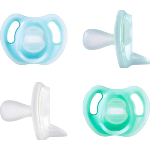 Tommee Tippee Ultra-Light Silicone Pacifier, 0-6 Months, Symmetrical One-Piece Design, BPA-Free Silicone Binkies, Blue/Green/Clear, Pack of 4