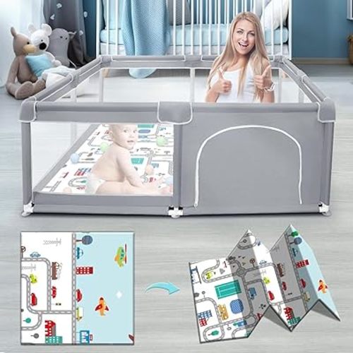 Baby Playpen with Mat, Baby Playpens for Babies and Toddlers, Baby Fence Play Pen for Indoor & Outdoor, Sturdy Safety Play Yard with Soft Breathable Mesh, 50 * 50 * 27 inches Grey