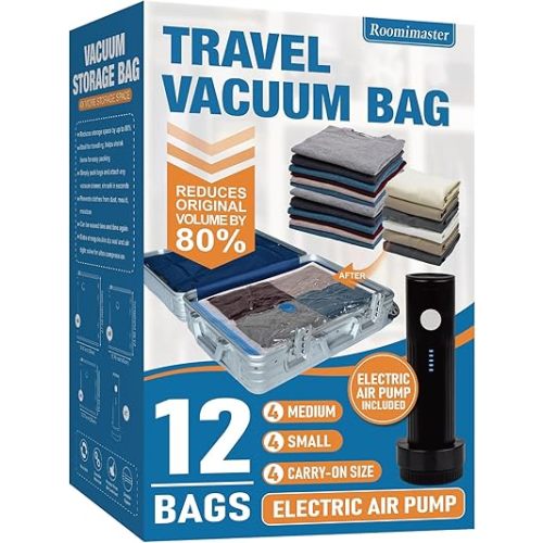 Travel Vacuum Storage Bags with Electric Pump, 12 Combo Travel Packing Bags for Luggage and Suitcase, Carry-on Size Compression Space Saver for Clothes and Clothing