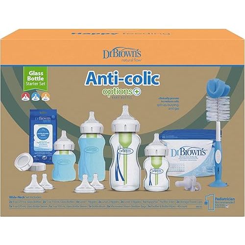 Dr. Brown’s Natural Flow Anti-Colic Options+ Wide-Neck Glass Baby Bottle Starter Set with 100% Silicone Glass Bottle Sleeves, Baby Bottle Brush, Prevent Pacifier and Pacifier and Bottle Wipes