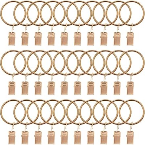 Curtain Ring with Clips,Iron Drapery Clips Hooks,TTZEZE Rustproof Curtain Clip Rings Hooks,30PCS Curtain Hooks for Curtain Rod Dia.32mm/1.26'' THK 3.5mm/0.14'', Rose Gold