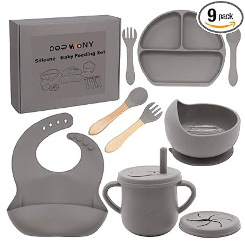 100% Silicone baby feeding set,BPA free Baby dishes set with Suction Bowl Divided Plate,Toddler Self Feeding Dish Set with Spoons Forks Sippy Cup And Bib, Baby Eating Utensils (Light Brown)