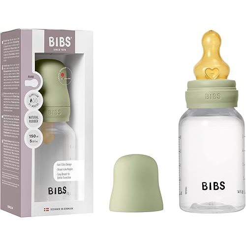 BIBS Baby Bottle 5 oz / 150 ml Natural Rubber Latex Nipple - Anti-Colic, BPA-Free, Round Nipple, Slow Flow, Lightweight & Easy to Clean, Suitable for Newborns 0+ Years - Sage