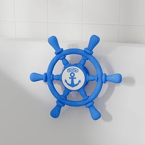 Bathtub Suction Spinner Toys - Silicone Bath & High Chair Sensory Toy for Babies & Toddlers, Novelty Spinning Top with Suction Cup, Car Window Travel Toys (Ship Steering Wheel Toy - Blue)