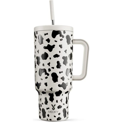 Meoky 40 oz Tumbler with Handle and Straw, Tumbler with Lid and Straw, Insulated Stainless Steel Travel Mug, 100% Leak-proof, Keeps Cold for 34 Hours or Hot for 10 Hours (Cow)