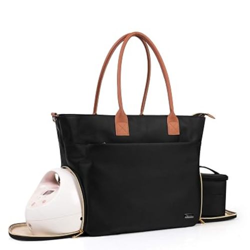 Teamoy Breast Pump Travel Bag, Leather Handle Pumping Tote, Black