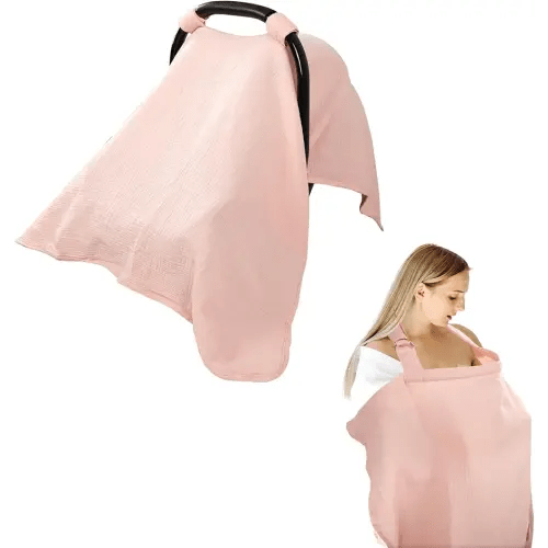 Hooyax 2-in-1 Baby Car Seat Cover & Nursing Cover, 100% Muslin Cotton, Breathable Car Seat Canopy and Privacy Breastfeeding Cover, Pink