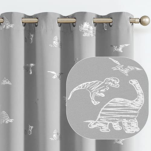 jinchan Dinosaur Curtains for Kids Room Silver Foil Print Thermal Insulated Curtains for Nursery Blackout Curtains Grommet Top 84 inches Long Grey Dino Curtains for Boys Girls Bedroom 2 Panels Gray