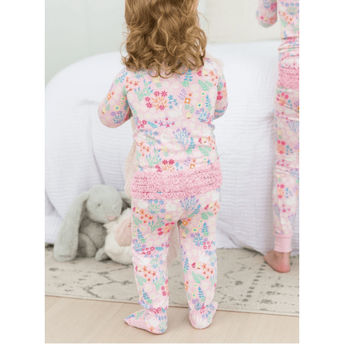 Ruffle One Piece Footie Pajamas - Bunny and Friends Print