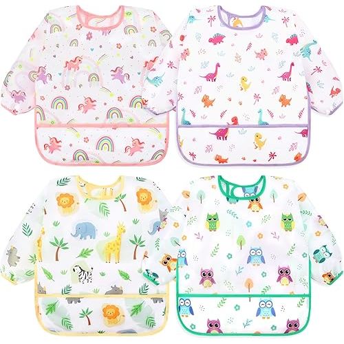 Accmor 4 Pack Long Sleeve Baby Bibs, Waterproof Sleeved Bib Smock for Baby Toddler 6-36 Months