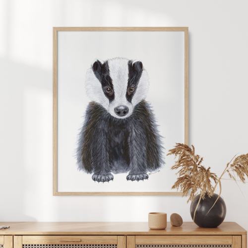 Badger Art Print, Woodland Nursery Decor, Baby Animal Watercolor Gray Art, Wisconsin Badgers Gift for Mom-to-Be Shower