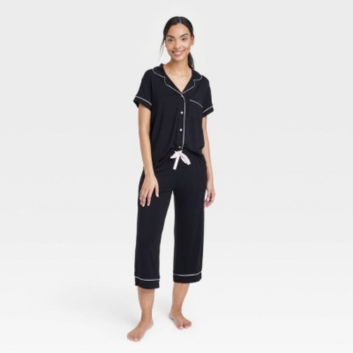 Women's Beautifully Soft Short Sleeve Notch Collar Top and Pants Pajama Set - Stars Above™, Color: Black, Size: S