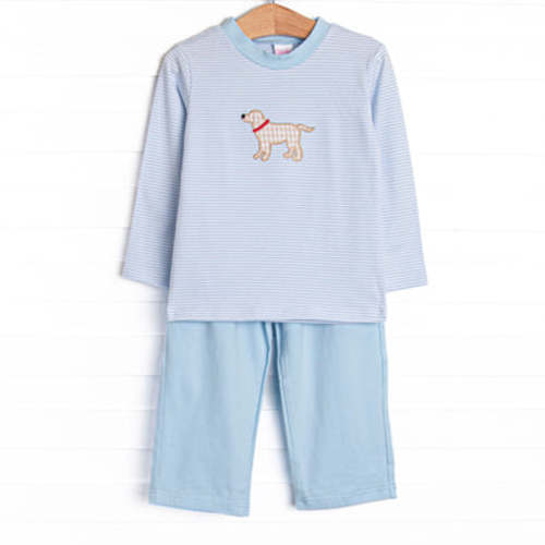 One Lucky Pup Applique Pant Set, Light Blue Stripe – Stitchy Fish