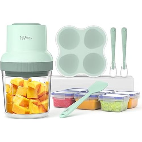 HEYVALUE Baby Food Maker, 13-in-1 Baby Food Puree Blender for Baby Food, Fruit, Vegatable, Meat, with Food Containers, Baby Food Processor Freezer Tray, Silicone Spoons, Silicone Spatula(Light Green)
