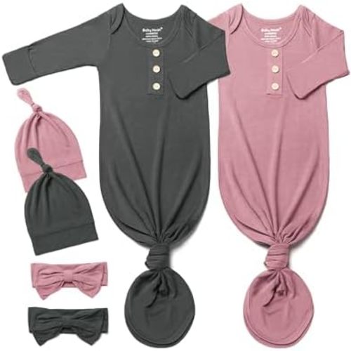 Baby Noah Newborn Knotted Gown Set with Hat and Headband - Buttery Soft Tie Bottom Gown for Baby's Sweet Dreams (2 Packs)